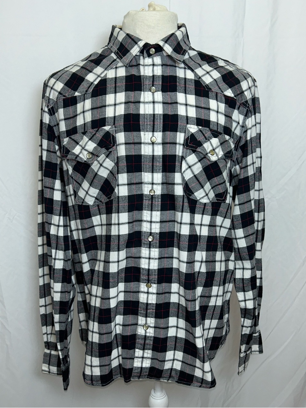 Aeropostale Mens Black White Plaid Pearl Snap Western Shirt XL
